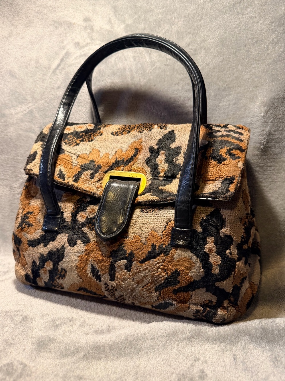 Vintage 1960’s Carpeted Handbag w/ Gold Hardware & Black Leather Handles& Strap